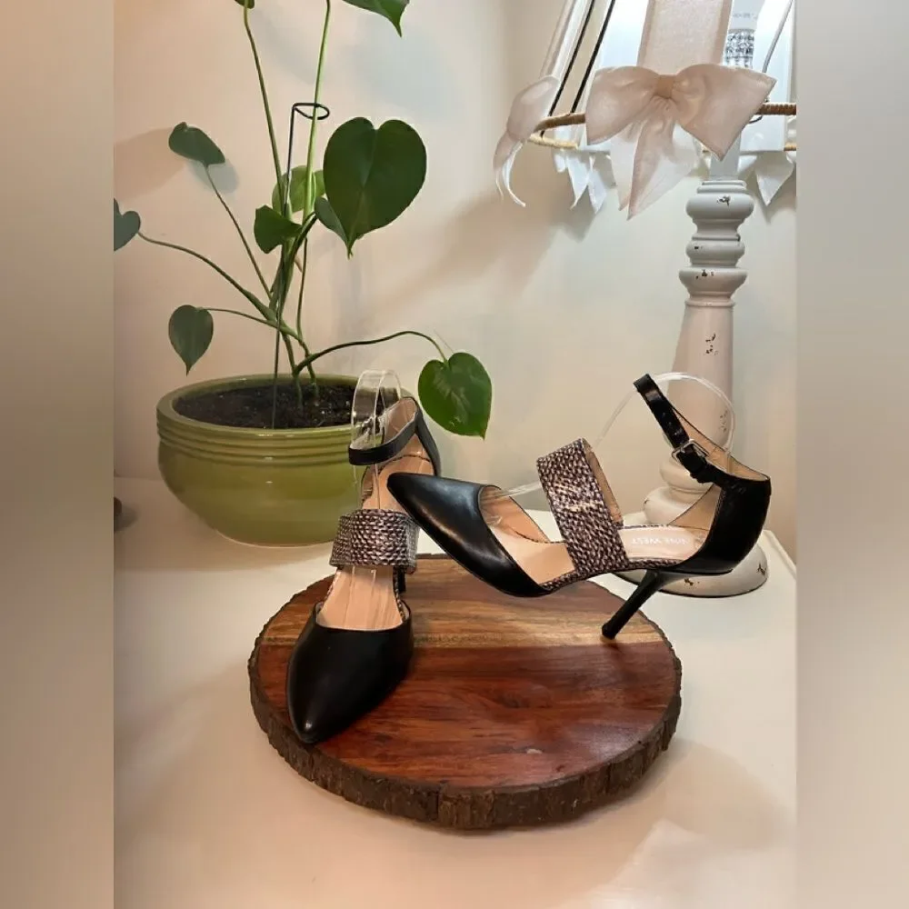 NINE WEST 9 BRYTANI Leather Black Mob Wife Animal Print Dress Pump Heels